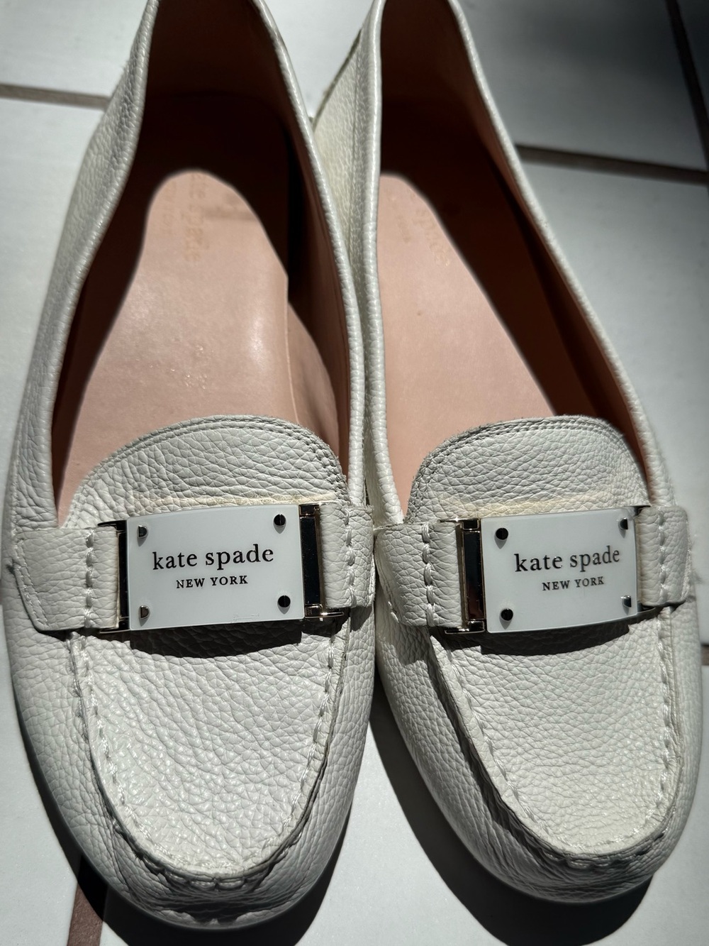 kate spade Cheshire White Pebbled Leather Loafers